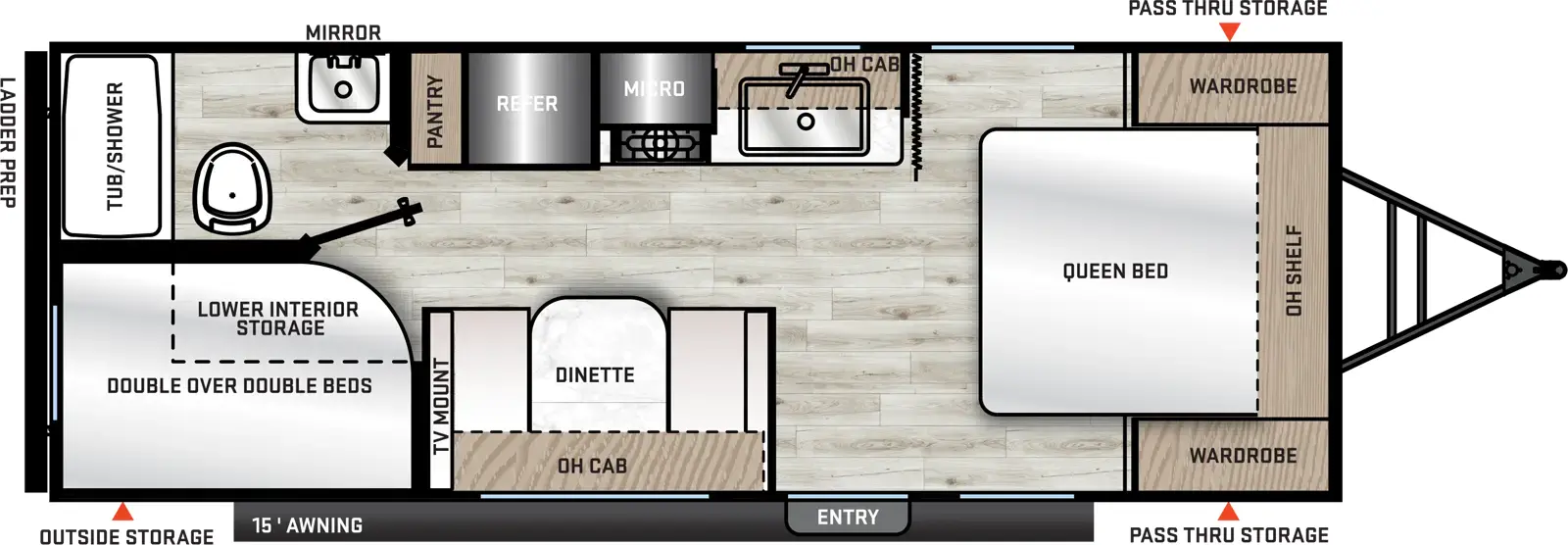 The 211BH has zero slideouts and one entry. Exterior features front pass-through storage, 15' awning, rear outside storage, and ladder prep. Interior layout front to back: foot-facing queen bed with overhead shelf and wardrobes on each side; off-door side kitchen counter with sink and cooktop, overhead cabinet with microwave, refrigerator, and pantry; door side entry, dinette with overhead cabinet, and TV mount along inner wall; rear off-door side full bathroom; rear door side double over double beds with lower interior storage.